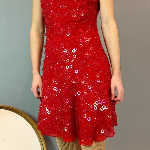Vintage 90s Early 00s Ruby Red Sequin Paillette Spangle Cha Cha Dress - Picture 2 of 4